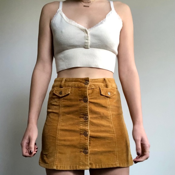 UO MUSTARD CORDUROY BUTTON DOWN MINI SKIRT - Picture 1 of 4